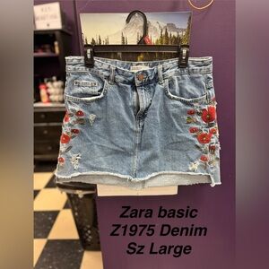 Zara Denim Mini Skirt with Red Floral Details